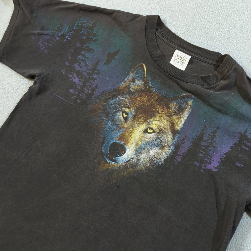 Wild Oats Wolf T-Shirt Mens XL Black Vintage 1996 Peter Kull Northern Lights Tee